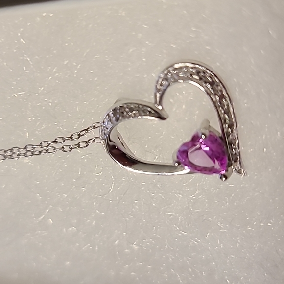 STERLING SILVER GENUINE DIAMOND LAB CREATED PINK SAPPHIRE PENDANT 18" - Picture 6 of 8